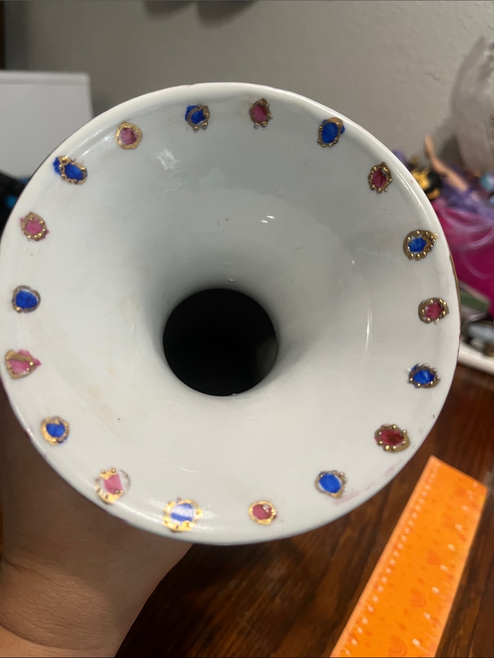 Vintage Red, White and Gold Floral Porcelain Vase with Ornate Handles - Picture 4 of 8